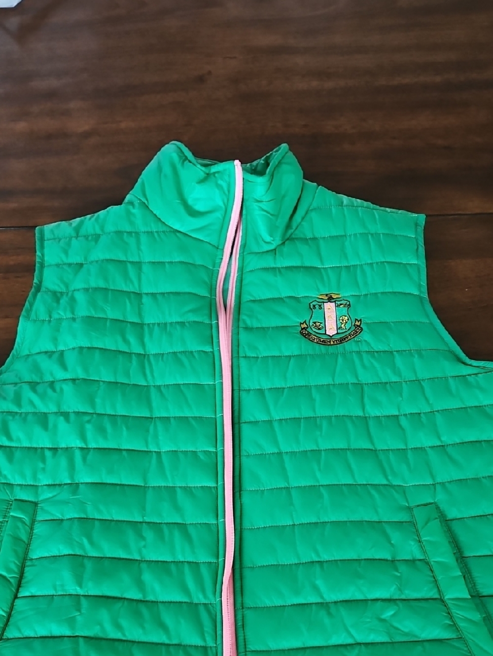 Alpha Kappa Alpha Green Quilted Vest with Crest and Pink Trim